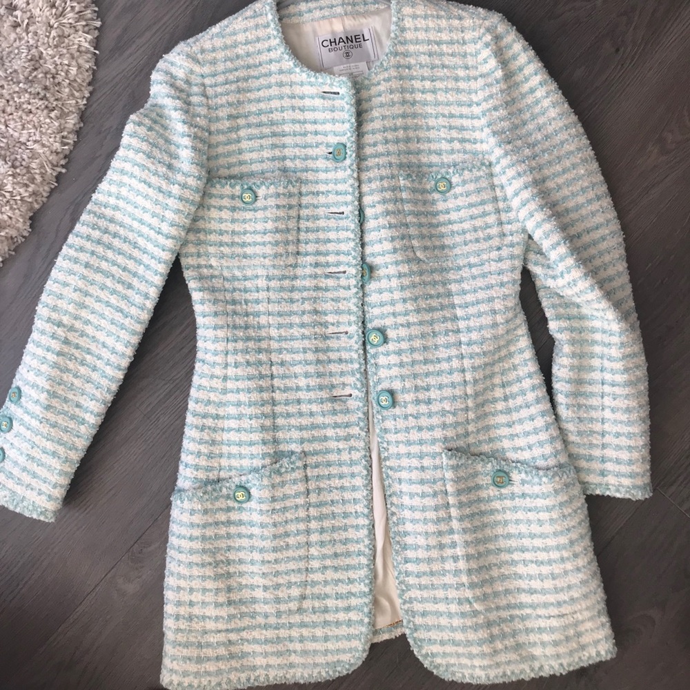 chanel sky blue (slightly teal) tweed jacket